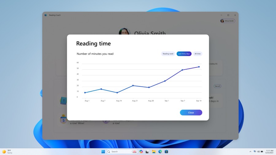 Os alunos podem ver suas realizações e acompanhar seu crescimento ao longo de vários períodos de tempo com o Reading Coach.